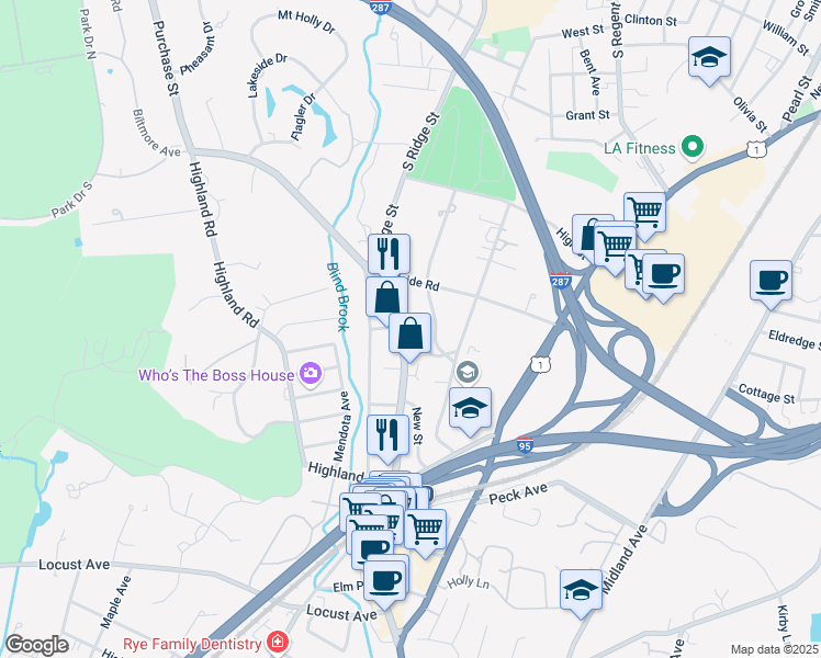map of restaurants, bars, coffee shops, grocery stores, and more near 20 Elizabeth Street in Rye