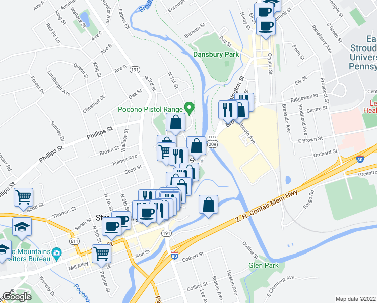 map of restaurants, bars, coffee shops, grocery stores, and more near 19 North 2nd Street in Stroudsburg
