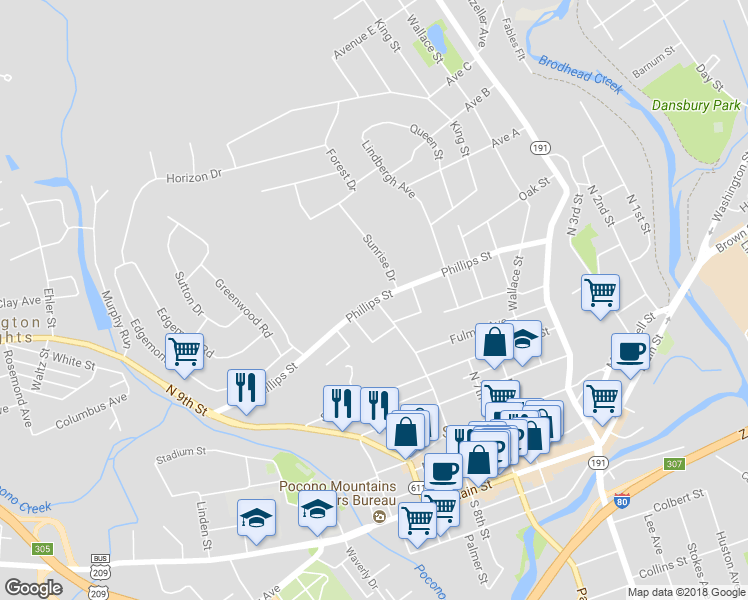 map of restaurants, bars, coffee shops, grocery stores, and more near 800 Phillips Street in Stroudsburg