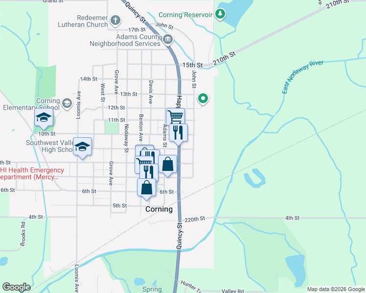 map of restaurants, bars, coffee shops, grocery stores, and more near 206 8th Street in Corning