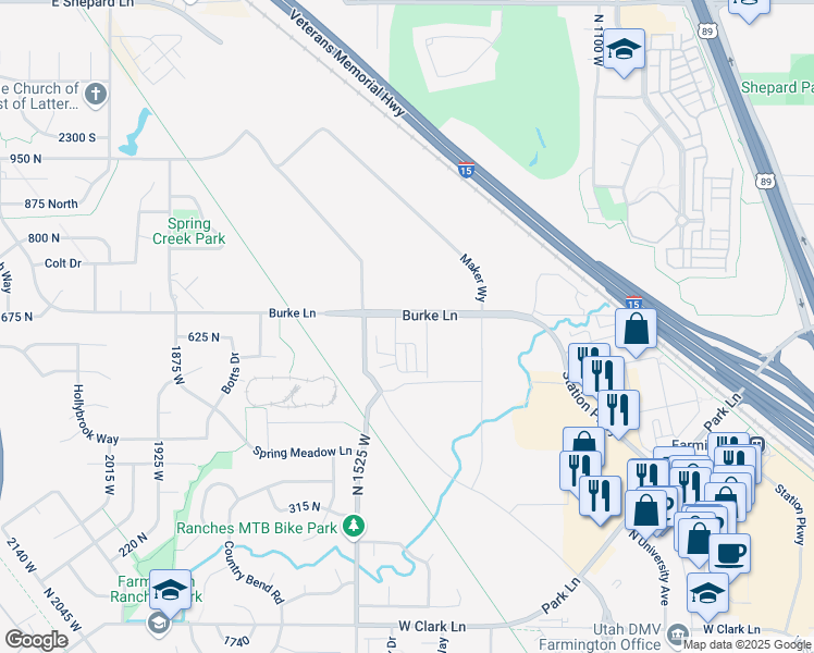map of restaurants, bars, coffee shops, grocery stores, and more near 1451 Burke Lane in Farmington