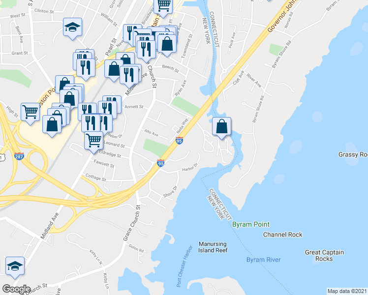 map of restaurants, bars, coffee shops, grocery stores, and more near 8 Hilltop Drive in Port Chester