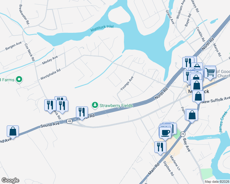 map of restaurants, bars, coffee shops, grocery stores, and more near 15 Youngs Avenue in Mattituck