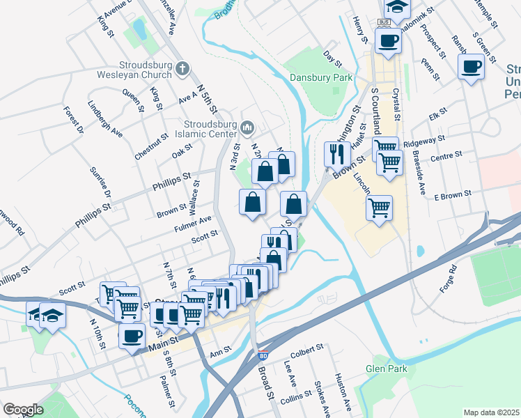 map of restaurants, bars, coffee shops, grocery stores, and more near 54 North 3rd Street in Stroudsburg