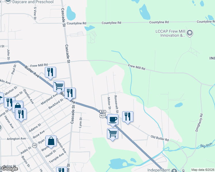 map of restaurants, bars, coffee shops, grocery stores, and more near 1123 Motor Street in New Castle