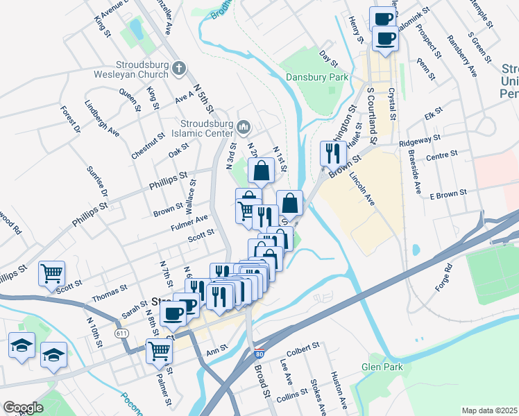 map of restaurants, bars, coffee shops, grocery stores, and more near 54 North 3rd Street in Stroudsburg