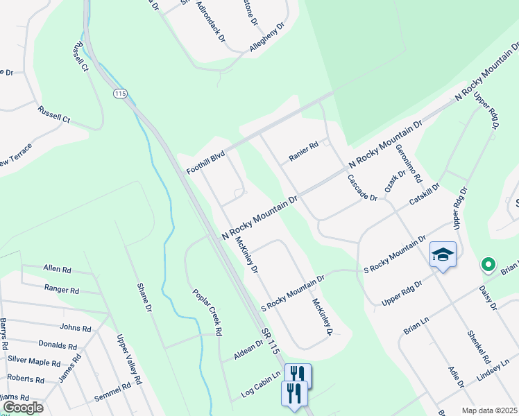 map of restaurants, bars, coffee shops, grocery stores, and more near 1139 Rocky Mountain Drive North in Effort