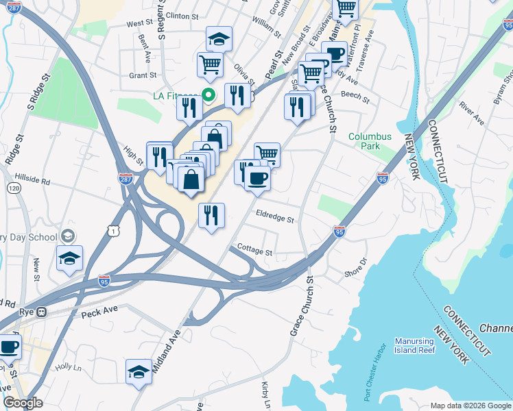 map of restaurants, bars, coffee shops, grocery stores, and more near 12 Fawcett Street in Port Chester