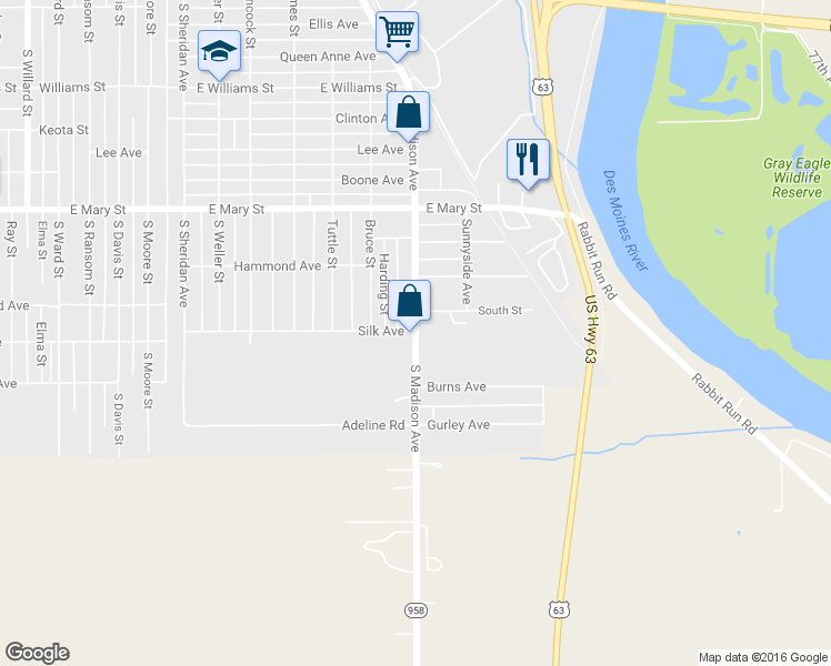 map of restaurants, bars, coffee shops, grocery stores, and more near 1101 South Madison Avenue in Ottumwa