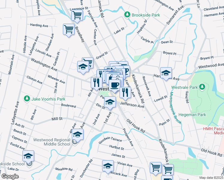 map of restaurants, bars, coffee shops, grocery stores, and more near in Westwood