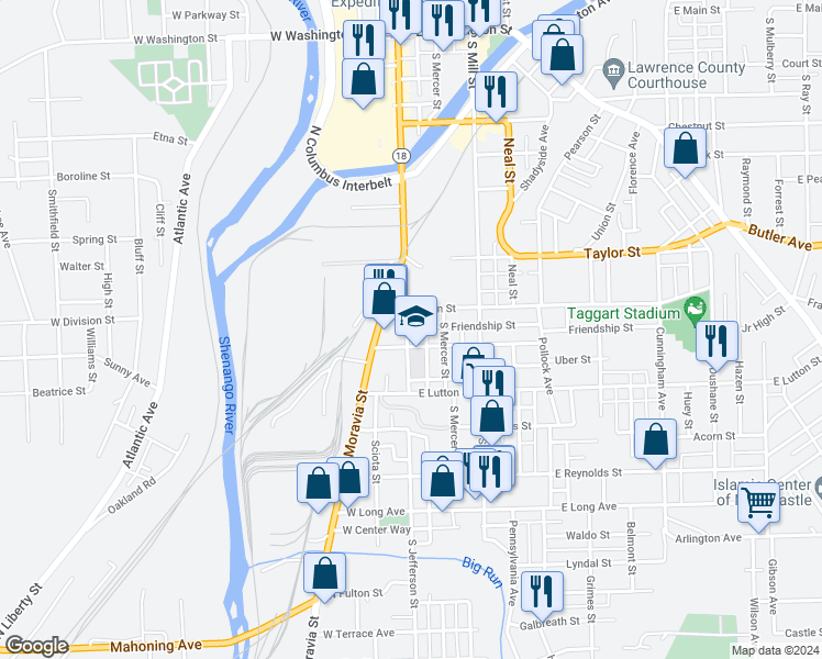 map of restaurants, bars, coffee shops, grocery stores, and more near 813 South Jefferson Street in New Castle