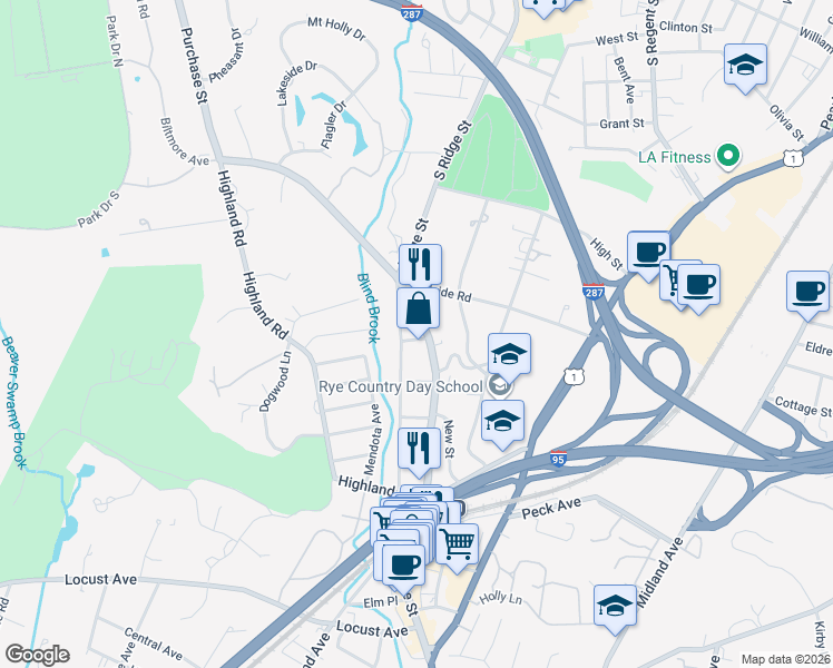 map of restaurants, bars, coffee shops, grocery stores, and more near 110 Wappanocca Avenue in Rye