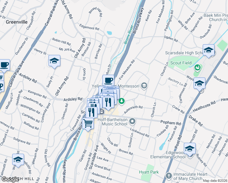 map of restaurants, bars, coffee shops, grocery stores, and more near 64 East Parkway in Scarsdale