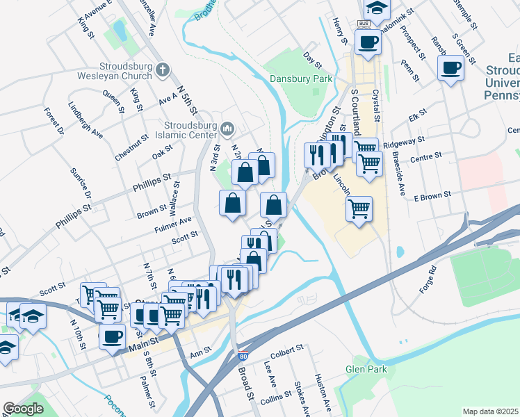 map of restaurants, bars, coffee shops, grocery stores, and more near 100 McConnell Street in Stroudsburg