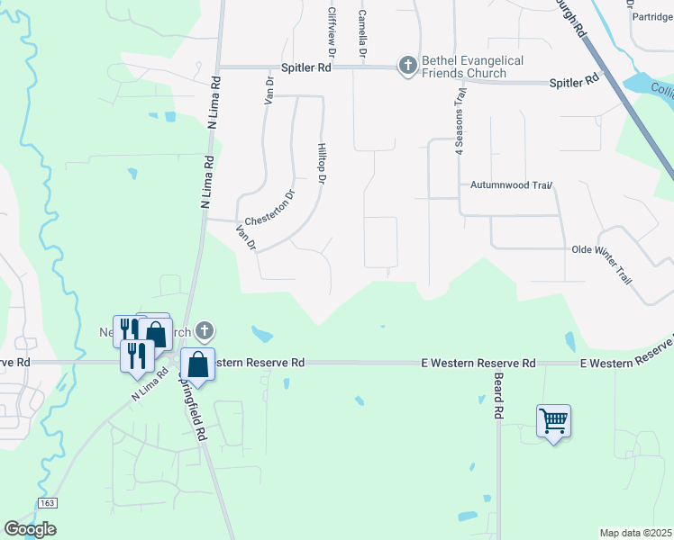 map of restaurants, bars, coffee shops, grocery stores, and more near 8758 Suncrest Drive in Youngstown