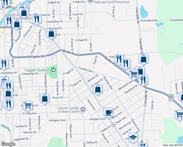 map of restaurants, bars, coffee shops, grocery stores, and more near 909 Morton Street in New Castle