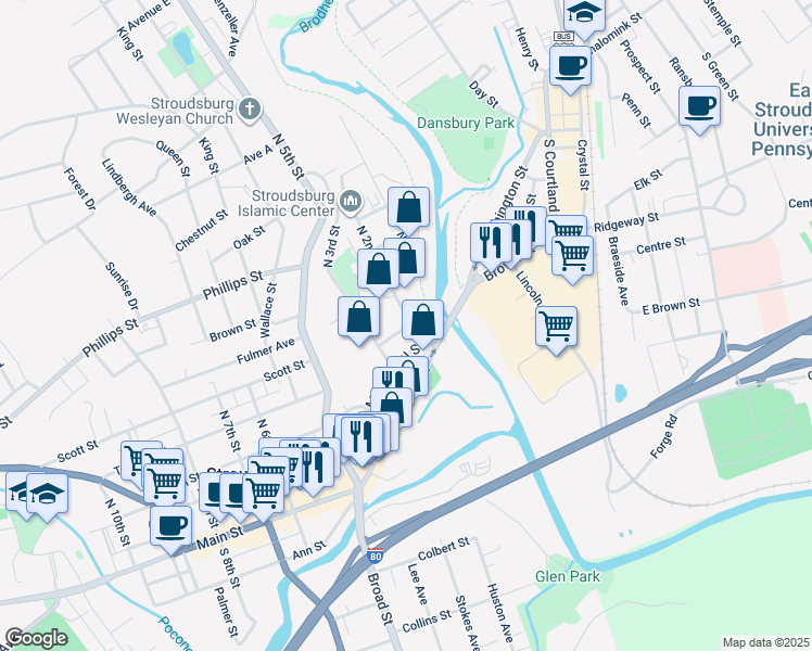 map of restaurants, bars, coffee shops, grocery stores, and more near 21 North 2nd Street in Stroudsburg