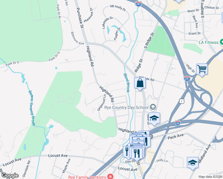 map of restaurants, bars, coffee shops, grocery stores, and more near 1 Dogwood Lane in Rye