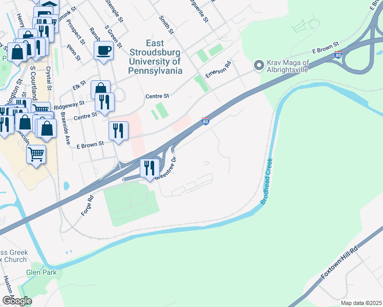 map of restaurants, bars, coffee shops, grocery stores, and more near 370 Greentree Drive in East Stroudsburg