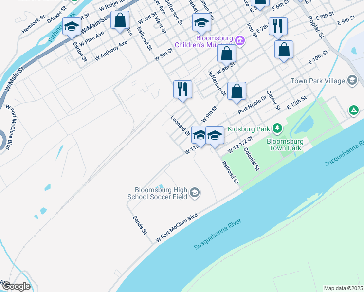 map of restaurants, bars, coffee shops, grocery stores, and more near 444 West 9th Street in Bloomsburg