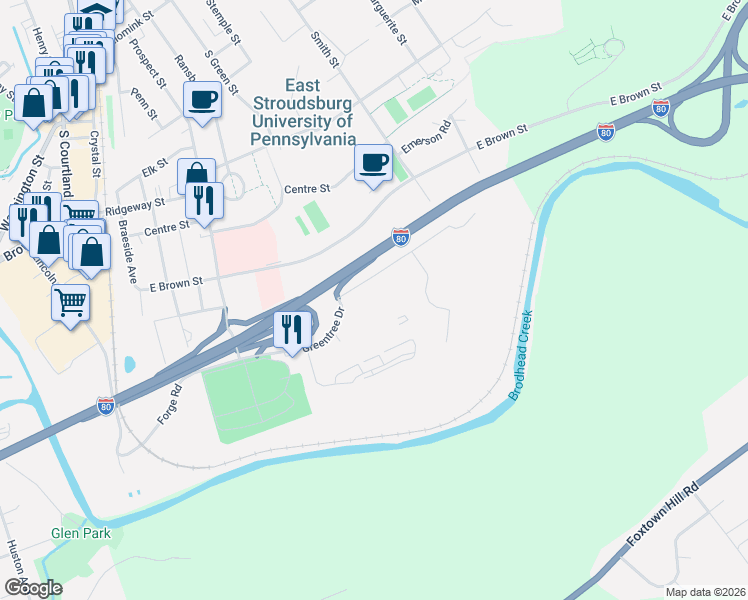 map of restaurants, bars, coffee shops, grocery stores, and more near 370 Greentree Drive in East Stroudsburg