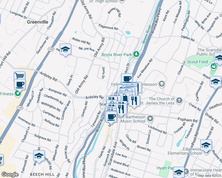 map of restaurants, bars, coffee shops, grocery stores, and more near 23 Walbrooke Road in Scarsdale