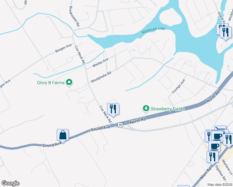 map of restaurants, bars, coffee shops, grocery stores, and more near 5779 Westphalia Road in Mattituck