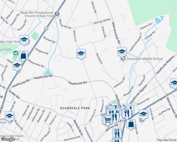 map of restaurants, bars, coffee shops, grocery stores, and more near 24 Morris Lane in Scarsdale