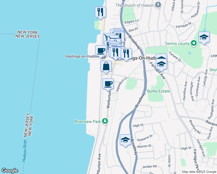 map of restaurants, bars, coffee shops, grocery stores, and more near 7 Ridge Street in Hastings-on-Hudson