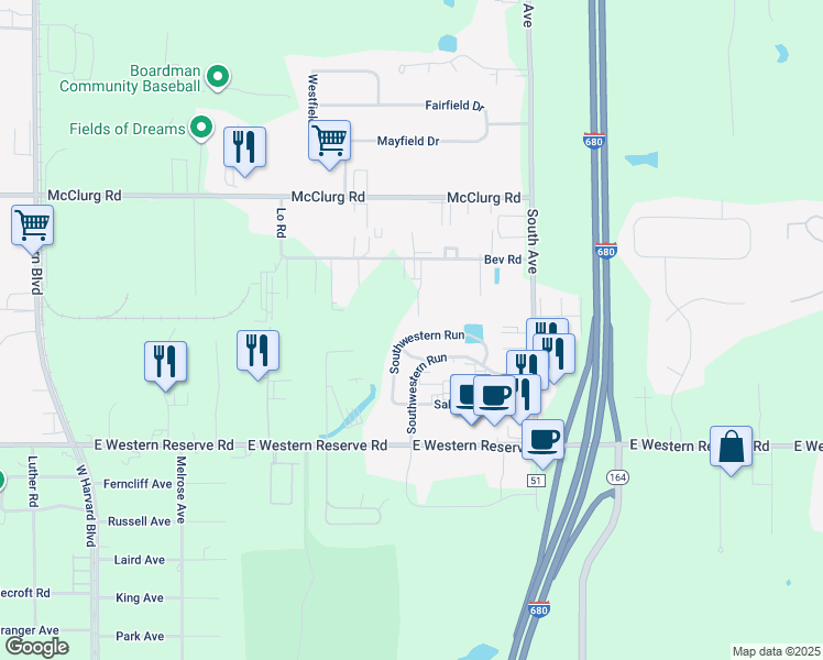 map of restaurants, bars, coffee shops, grocery stores, and more near 820 Southwestern Run in Youngstown