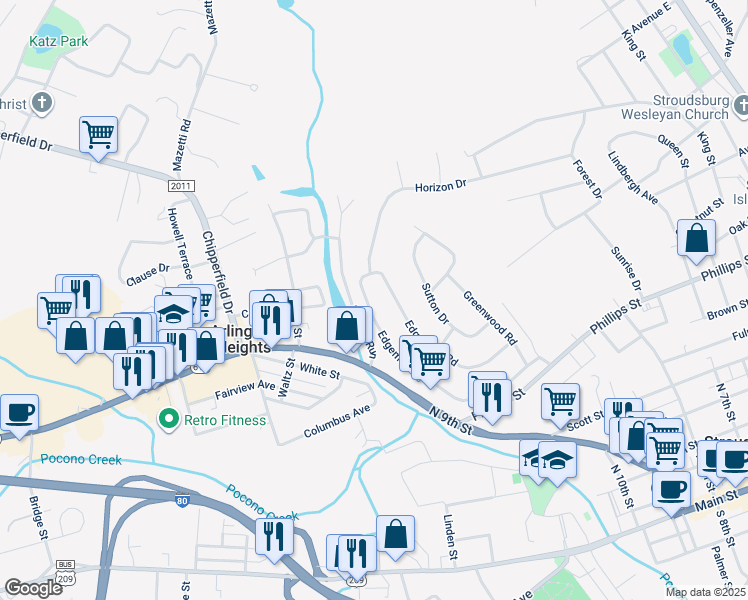 map of restaurants, bars, coffee shops, grocery stores, and more near 417 Edgemont Road in Stroudsburg