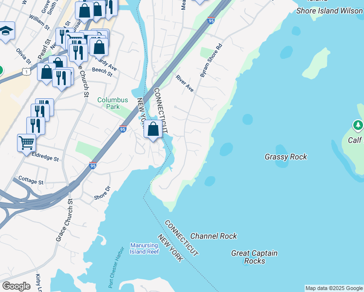 map of restaurants, bars, coffee shops, grocery stores, and more near 196 Byram Shore Road in Greenwich