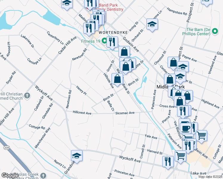 map of restaurants, bars, coffee shops, grocery stores, and more near 106 Hillside Avenue in Midland Park