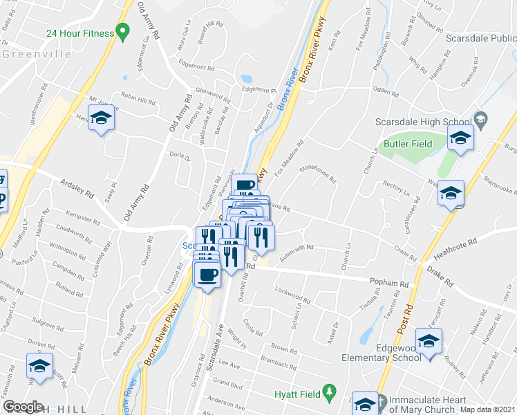 map of restaurants, bars, coffee shops, grocery stores, and more near 4 Fox Meadow Road in Scarsdale