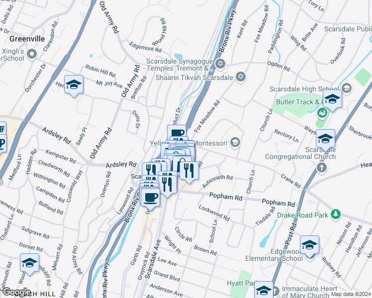 map of restaurants, bars, coffee shops, grocery stores, and more near 1 Fox Meadow Road in Scarsdale