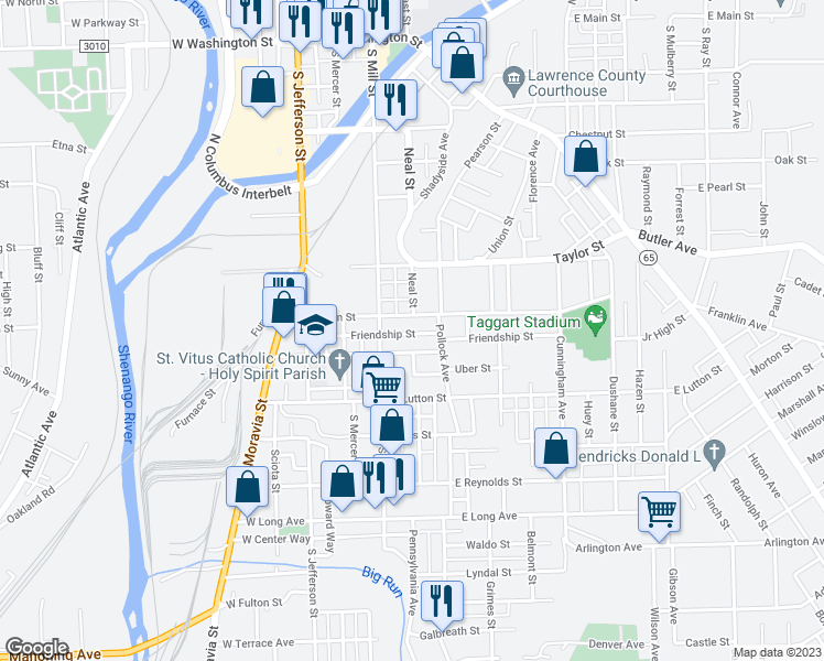 map of restaurants, bars, coffee shops, grocery stores, and more near 219 1/2 Friendship Street in New Castle