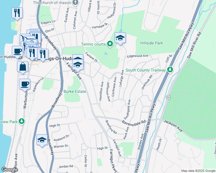 map of restaurants, bars, coffee shops, grocery stores, and more near 55 Jefferson Avenue in Hastings-on-Hudson