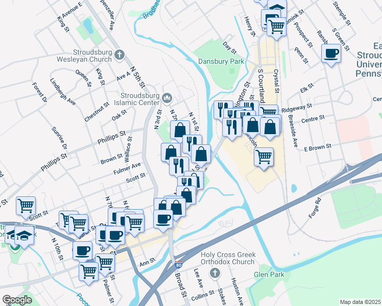 map of restaurants, bars, coffee shops, grocery stores, and more near 27 North 2nd Street in Stroudsburg