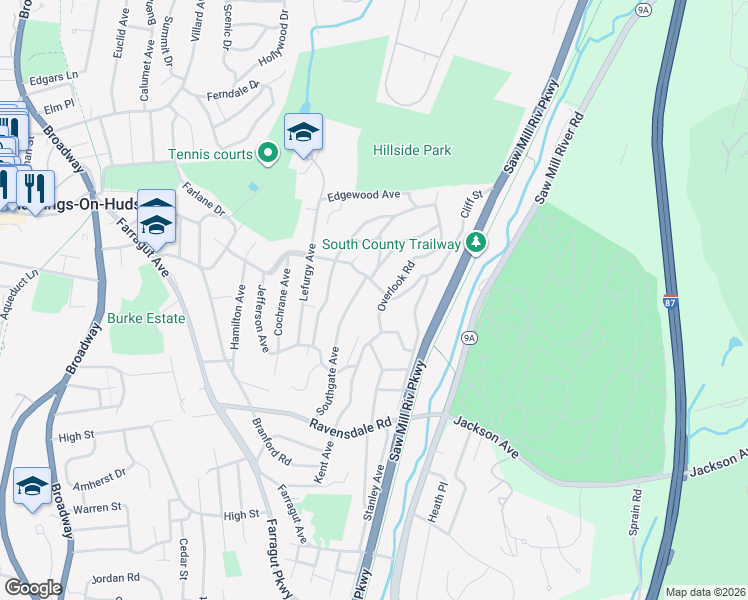 map of restaurants, bars, coffee shops, grocery stores, and more near 247 Mount Hope Boulevard in Hastings-on-Hudson