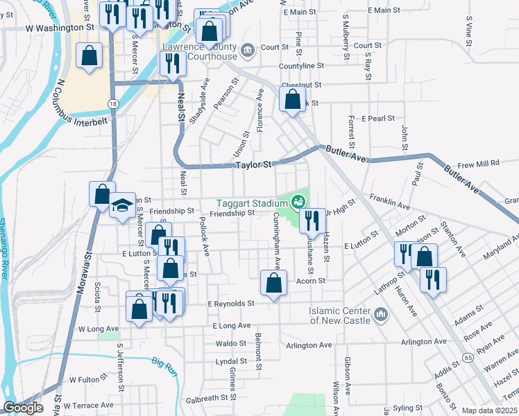 map of restaurants, bars, coffee shops, grocery stores, and more near 513 East Division Street in New Castle