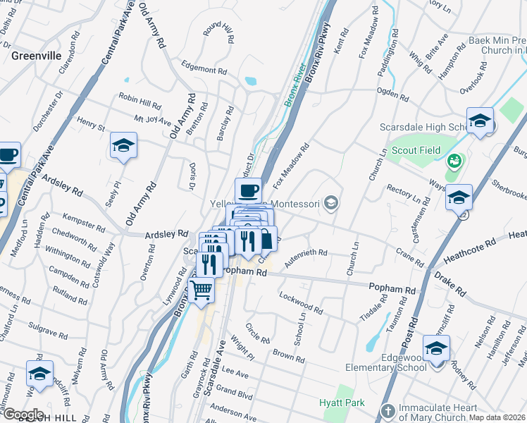 map of restaurants, bars, coffee shops, grocery stores, and more near 4 Fox Meadow Road in Scarsdale