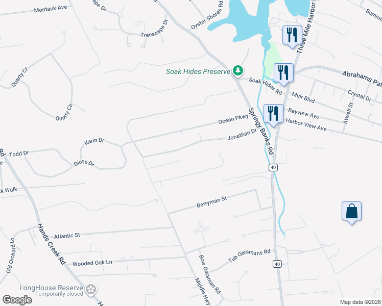 map of restaurants, bars, coffee shops, grocery stores, and more near 31 Jonathan Drive in East Hampton