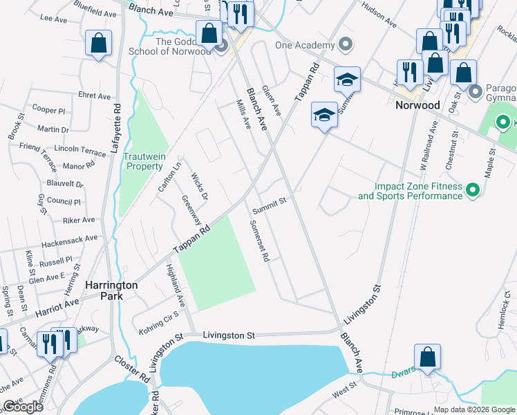 map of restaurants, bars, coffee shops, grocery stores, and more near 160 Kensington Avenue in Norwood