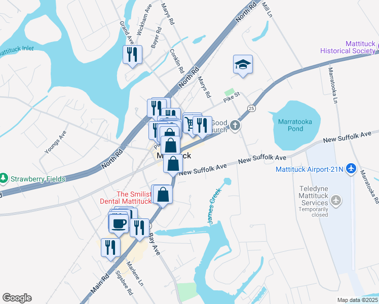 map of restaurants, bars, coffee shops, grocery stores, and more near 13355 Main Road in Mattituck