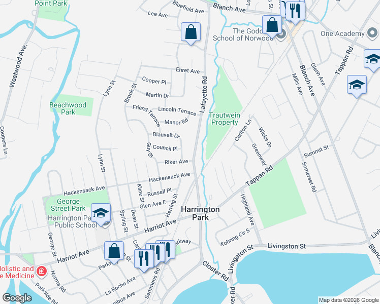 map of restaurants, bars, coffee shops, grocery stores, and more near 392 Lafayette Road in Harrington Park