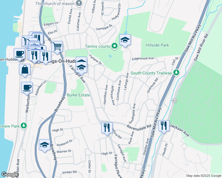 map of restaurants, bars, coffee shops, grocery stores, and more near 55 Jefferson Avenue in Hastings-on-Hudson