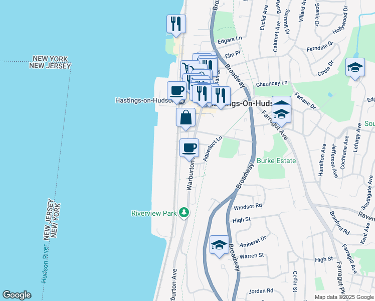 map of restaurants, bars, coffee shops, grocery stores, and more near 7 Ridge Street in Hastings-on-Hudson