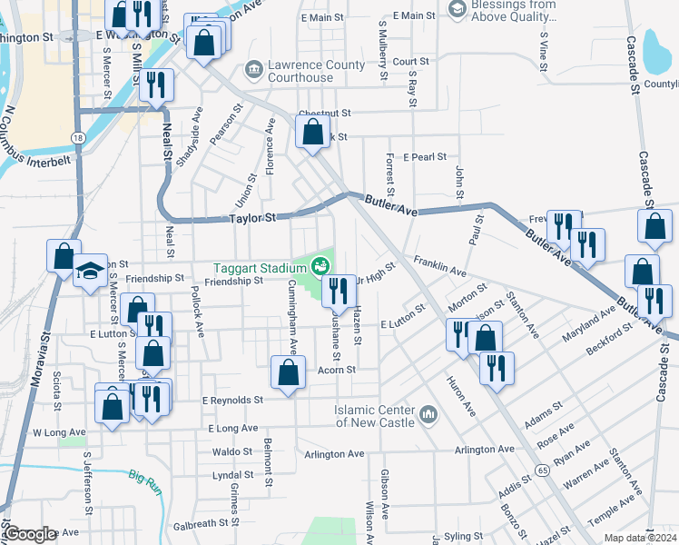 map of restaurants, bars, coffee shops, grocery stores, and more near 817 Dushane Street in New Castle