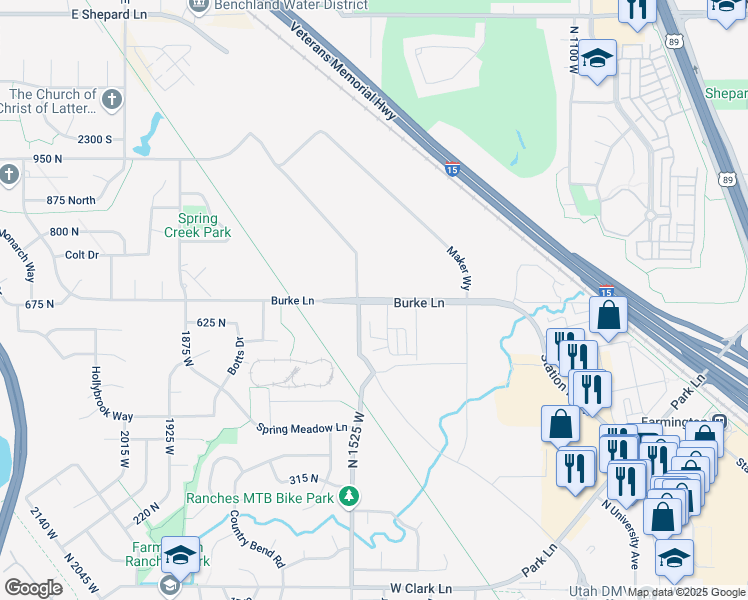 map of restaurants, bars, coffee shops, grocery stores, and more near 1526 Burke Lane in Farmington