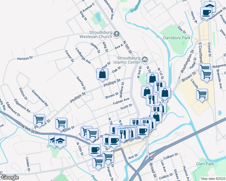 map of restaurants, bars, coffee shops, grocery stores, and more near 516 Queen Street in Stroudsburg